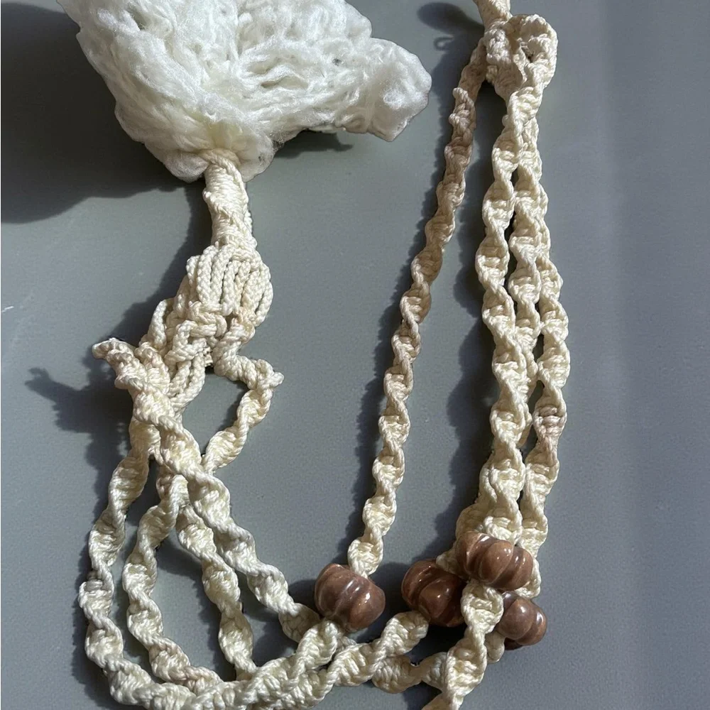 Vintage 70s Macrame Plant Hanger Wood Beads Boho Hippie Cream Ivory [Length]